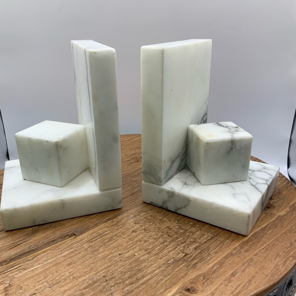 Hand Carved Made in Italy Vintage White Marble Geometric Bookends